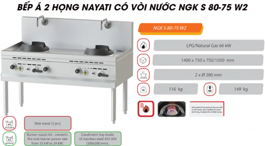 Bếp Á 2 họng có vòi nước Nayati NGK S 80-75 W2 - Ảnh 3