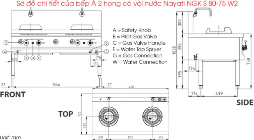 Bếp Á 2 họng có vòi nước Nayati NGK S 80-75 W2 - Ảnh 4